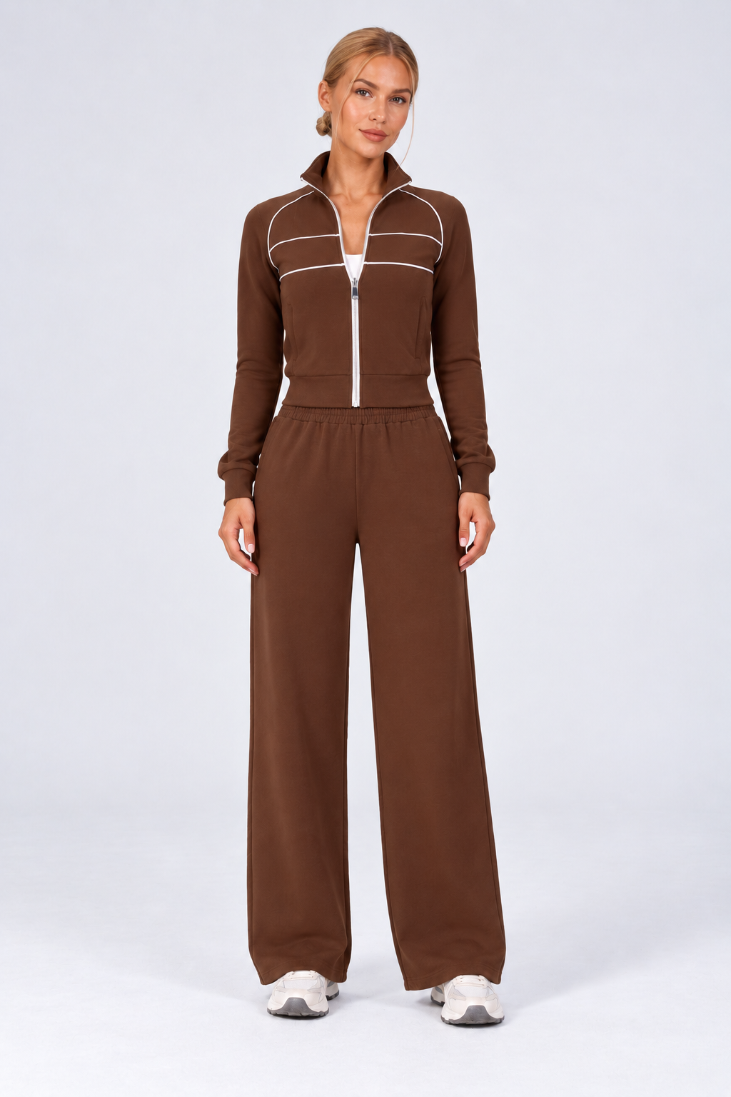 WEARHUB Cotton-Spandex High-Waist Relaxed-Fit Active Pants — Brown, front view