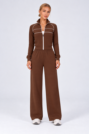 WEARHUB Cotton-Spandex High-Waist Relaxed-Fit Active Pants — Brown, front view