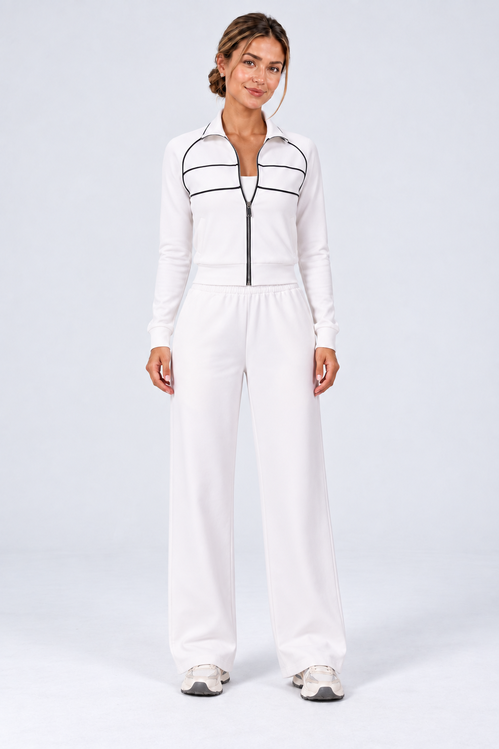 WEARHUB Cotton-Spandex High-Waist Relaxed-Fit Active Pants — White, front view