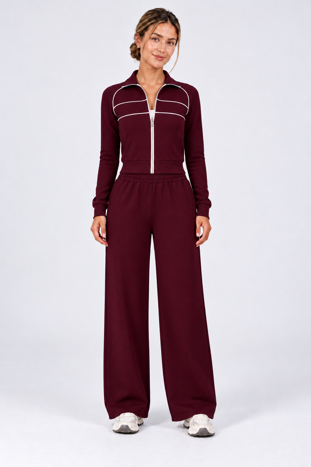 WEARHUB Cotton-Spandex High-Waist Relaxed-Fit Active Pants — Burgundy, front view