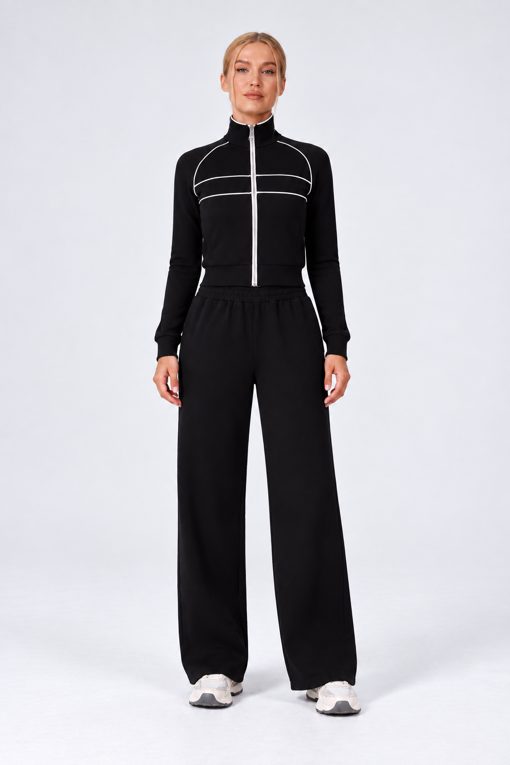 WEARHUB Cotton-Spandex High-Waist Relaxed-Fit Active Pants — Black, front view