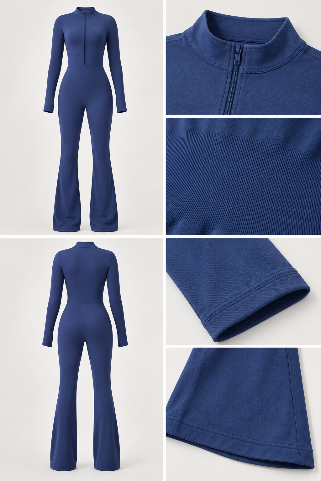 WEARHUB Nylon-Spandex Stretch Full-Length Active Jumpsuit — Dark Blue, fabric and stitching detail