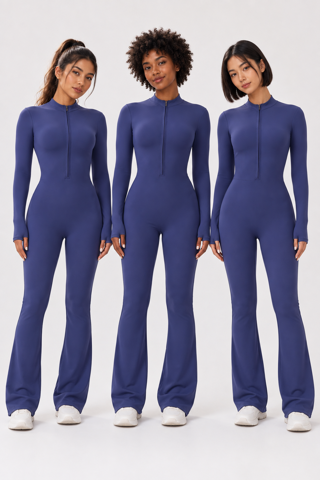 WEARHUB Nylon-Spandex Stretch Full-Length Active Jumpsuit — Dark Blue, on multiple models