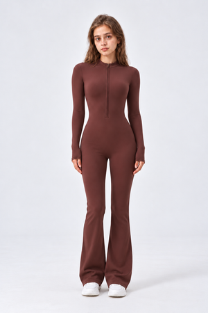 WEARHUB Nylon-Spandex Stretch Full-Length Active Jumpsuit — Dark Brown, front view
