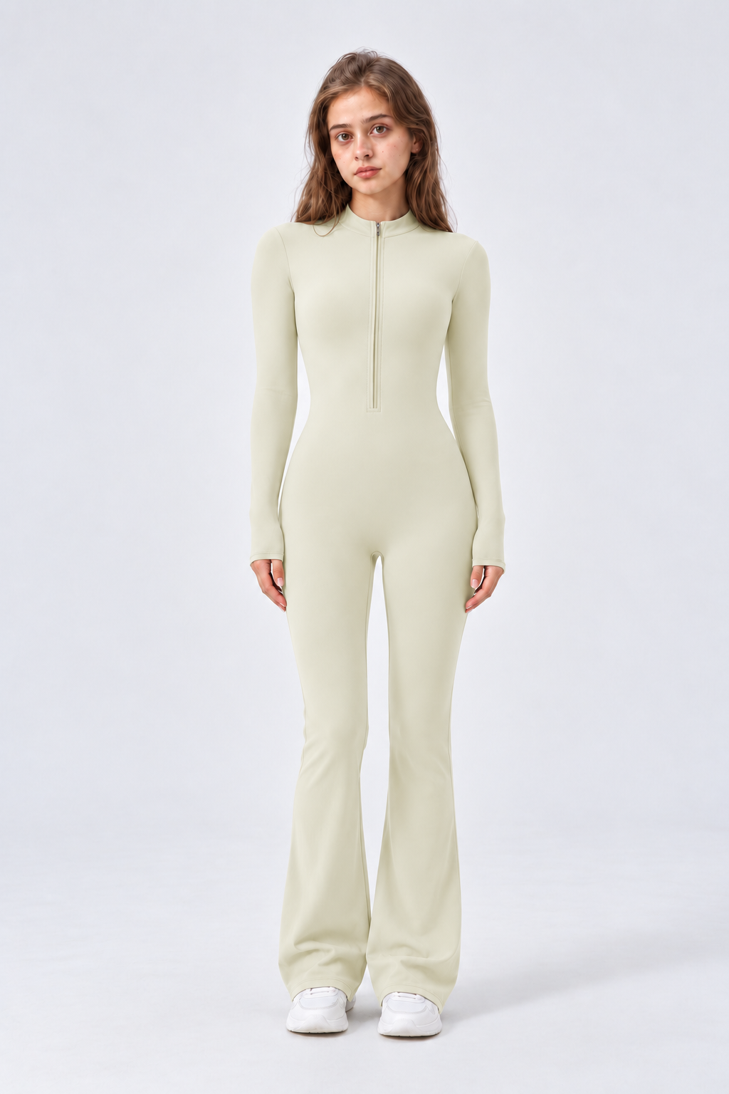 WEARHUB Nylon-Spandex Stretch Full-Length Active Jumpsuit — Off-White, front view