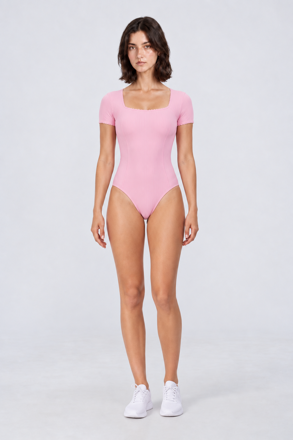 WEARHUB Nylon-Spandex Stretch Short-Sleeve Active Bodysuit — Pink, front view