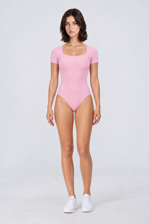 WEARHUB Nylon-Spandex Stretch Short-Sleeve Active Bodysuit — Pink, front view