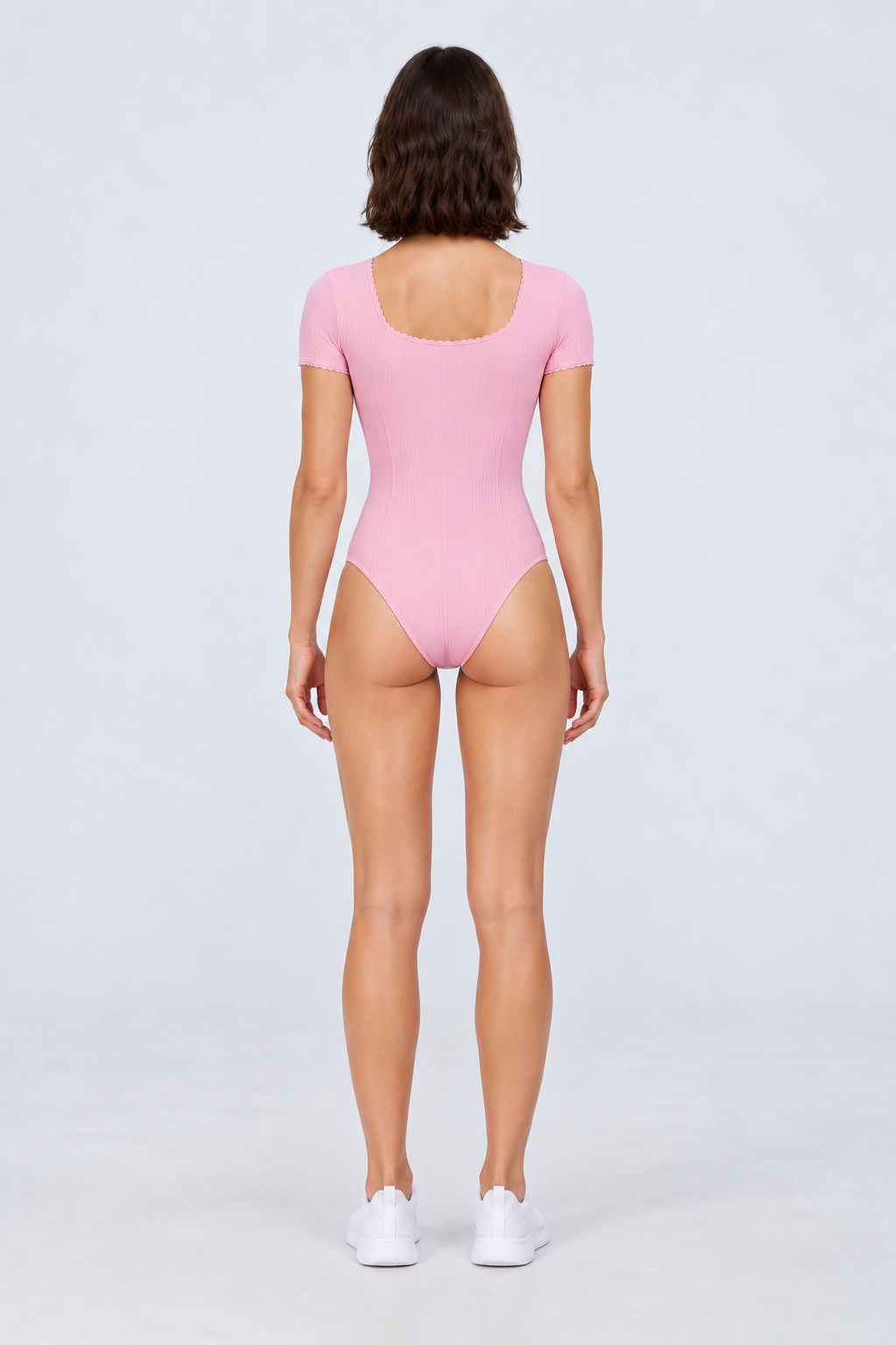 WEARHUB Nylon-Spandex Stretch Short-Sleeve Active Bodysuit — Pink, back view