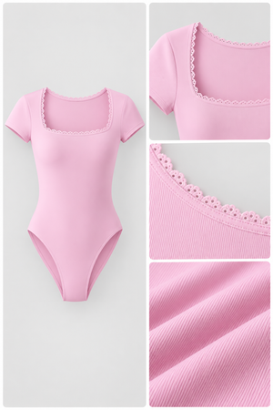 WEARHUB Nylon-Spandex Stretch Short-Sleeve Active Bodysuit — Pink, fabric and stitching detail