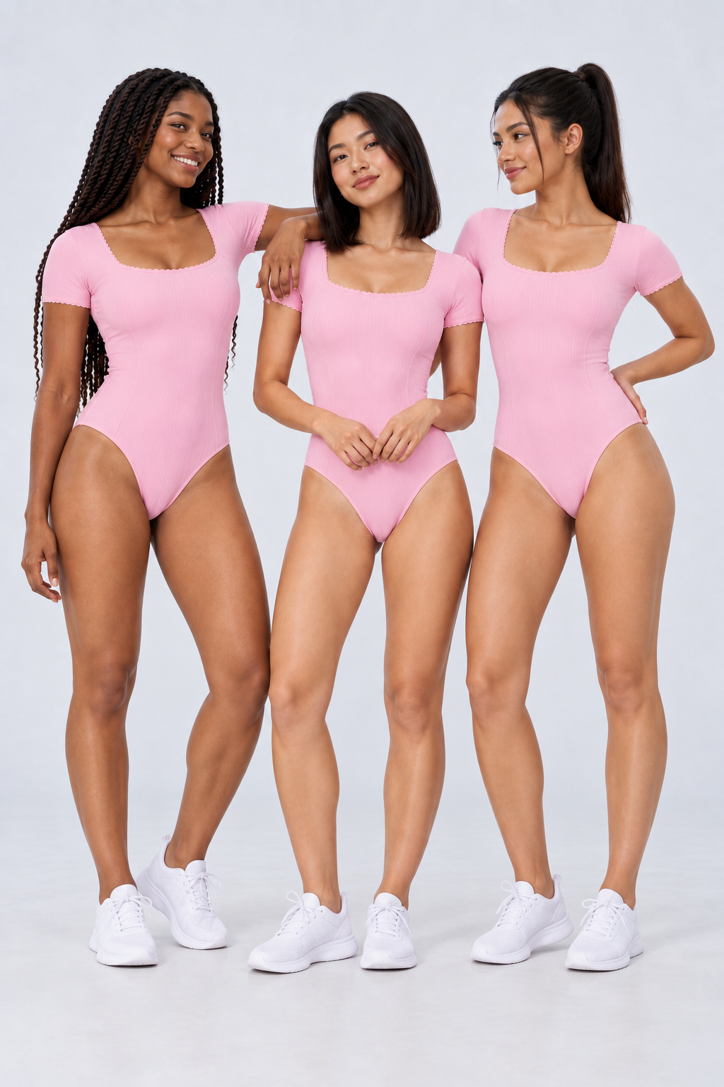 WEARHUB Nylon-Spandex Stretch Short-Sleeve Active Bodysuit — Pink, on multiple models