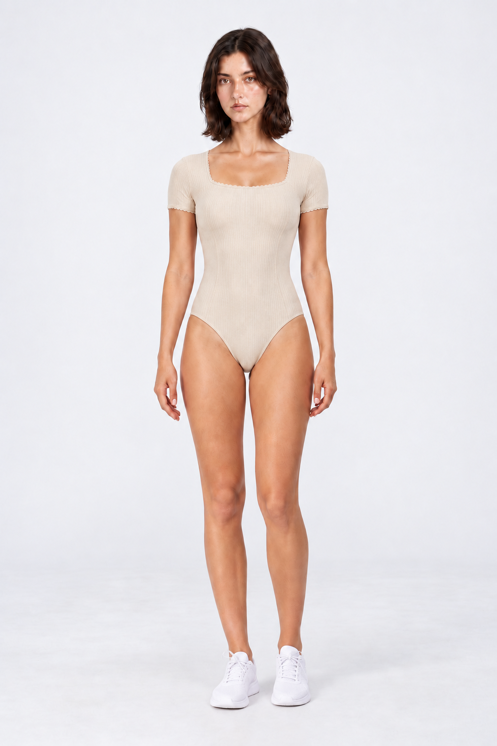 WEARHUB Nylon-Spandex Stretch Short-Sleeve Active Bodysuit — Oatmeal, front view
