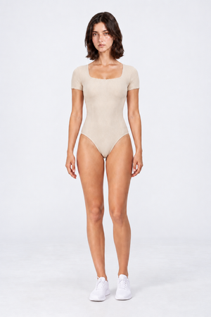 WEARHUB Nylon-Spandex Stretch Short-Sleeve Active Bodysuit — Oatmeal, front view