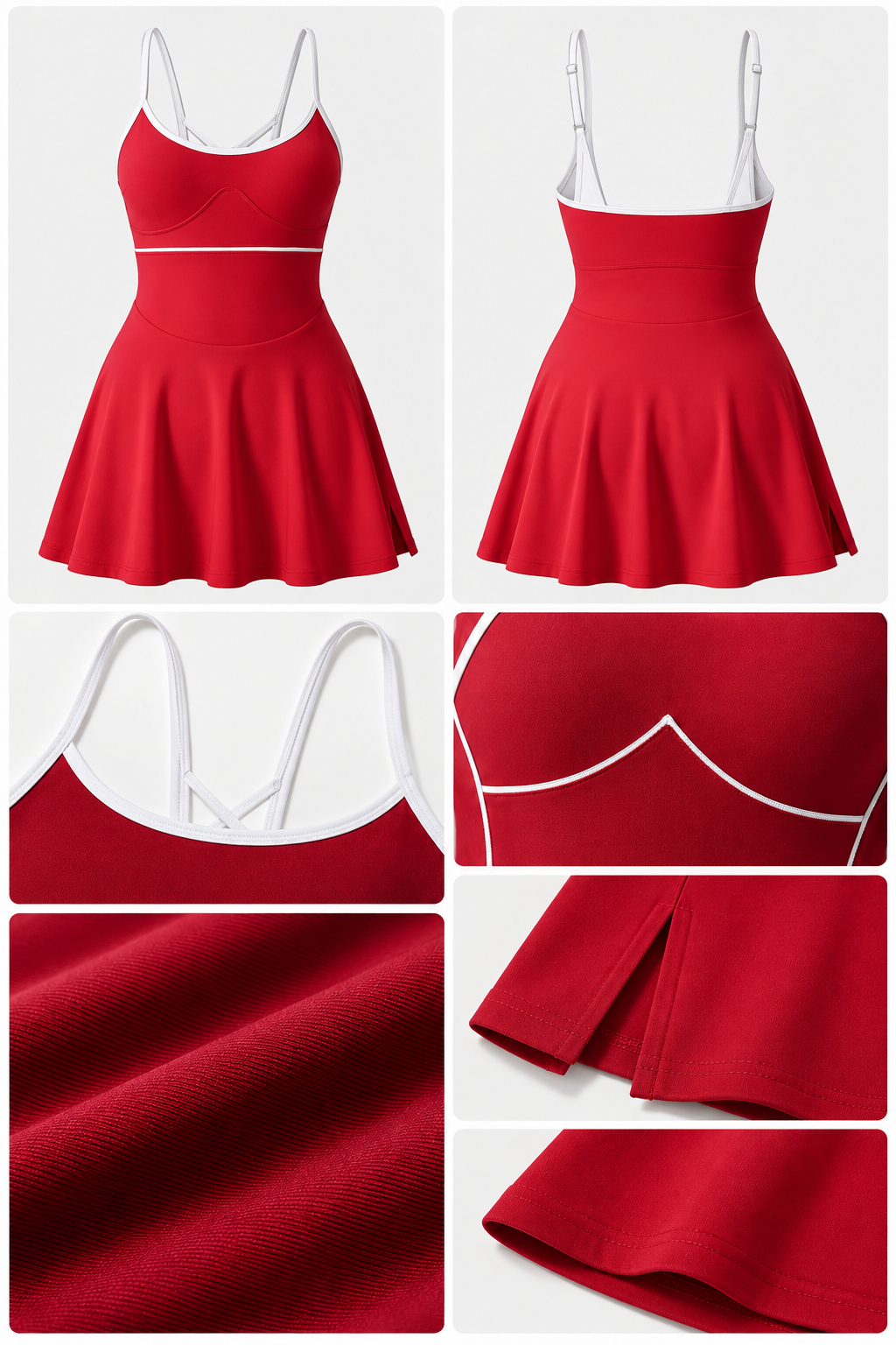 WEARHUB Nylon-Spandex Stretch Tennis Active Dress — Red, fabric and stitching detail