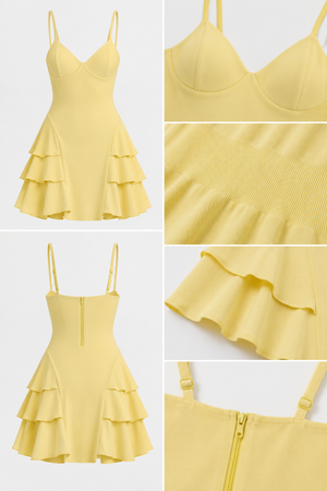 WEARHUB Nylon-Spandex Square-V-Neck Ruffle Active Dress — Light Yellow, fabric and stitching detail