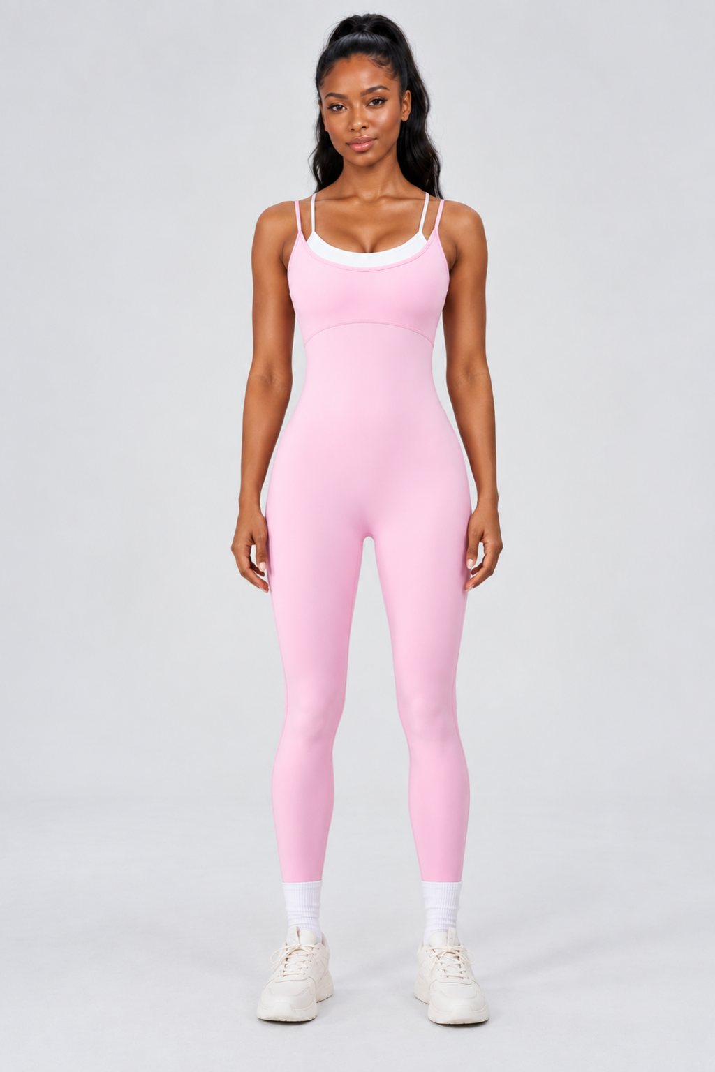 WEARHUB Nylon-Spandex Stretch Full-Length Active Jumpsuit — Pink, front view