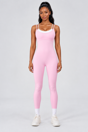 WEARHUB Nylon-Spandex Stretch Full-Length Active Jumpsuit — Pink, front view