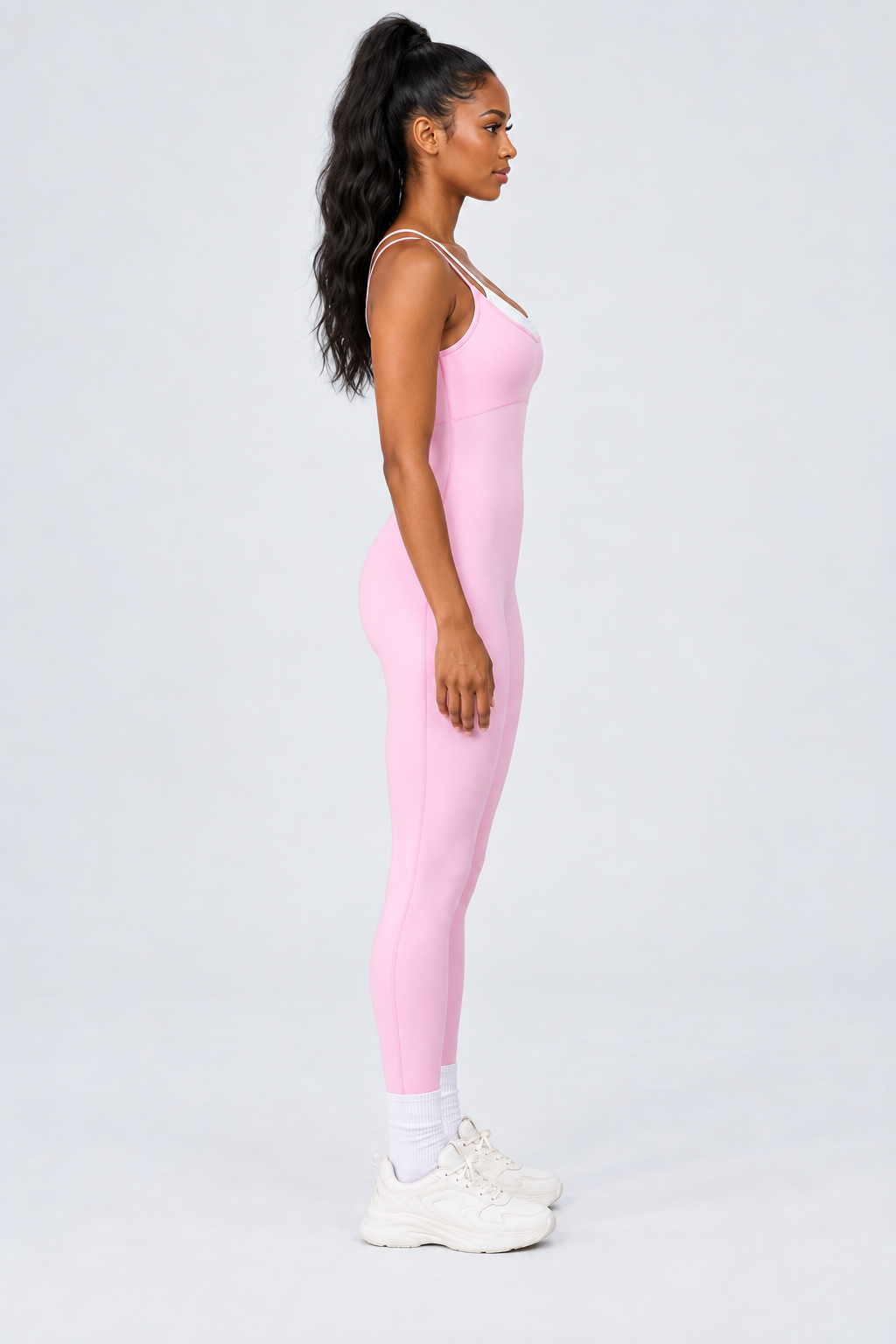 WEARHUB Nylon-Spandex Stretch Full-Length Active Jumpsuit — Pink, side view