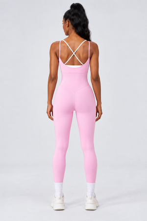 WEARHUB Nylon-Spandex Stretch Full-Length Active Jumpsuit — Pink, back view