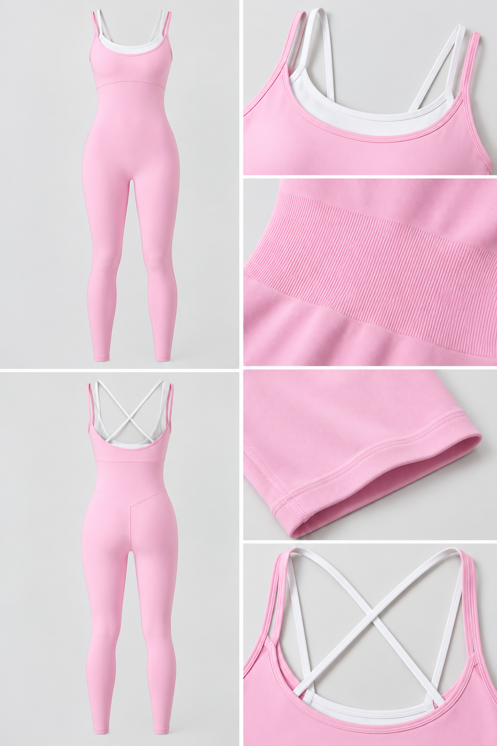 WEARHUB Nylon-Spandex Stretch Full-Length Active Jumpsuit — Pink, fabric and stitching detail