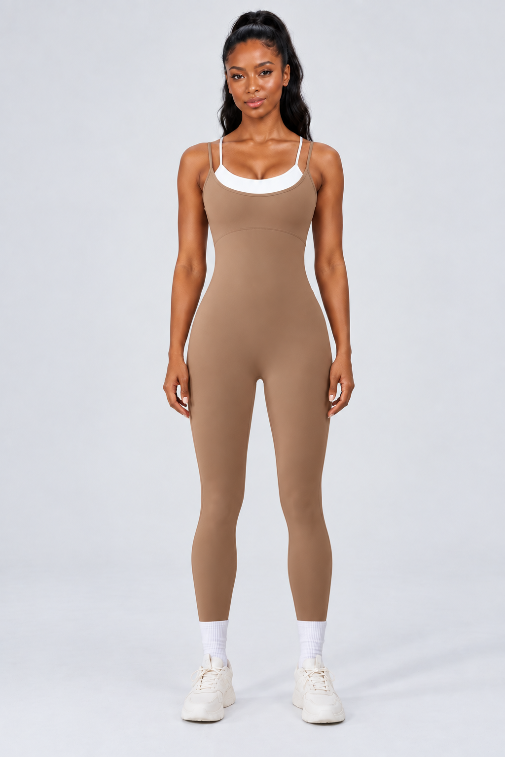 WEARHUB Nylon-Spandex Stretch Full-Length Active Jumpsuit — Khaki, front view