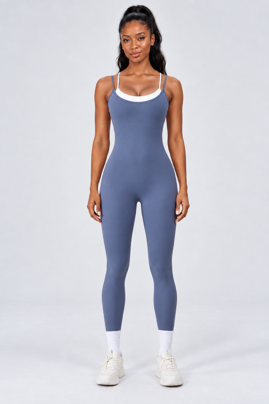 WEARHUB Nylon-Spandex Stretch Full-Length Active Jumpsuit — Grey Blue, front view