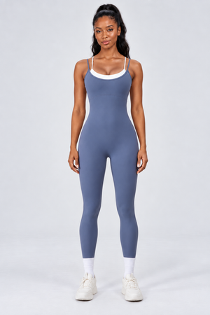 WEARHUB Nylon-Spandex Stretch Full-Length Active Jumpsuit — Grey Blue, front view