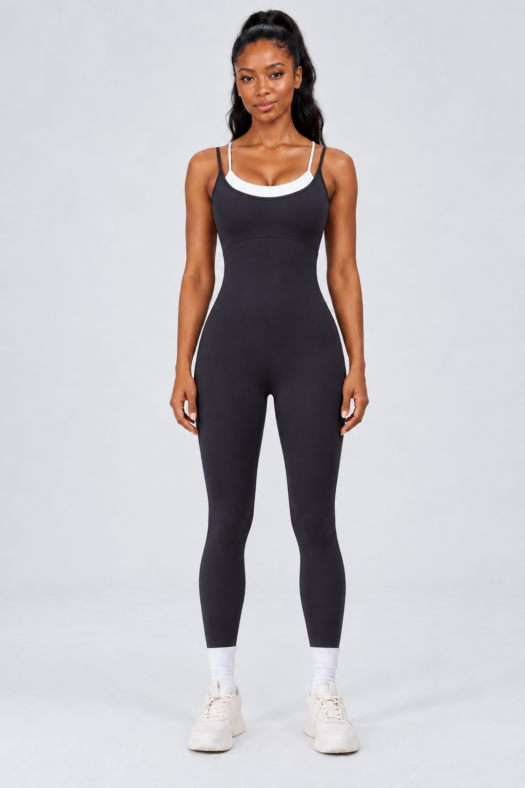 WEARHUB Nylon-Spandex Stretch Full-Length Active Jumpsuit — Black, front view