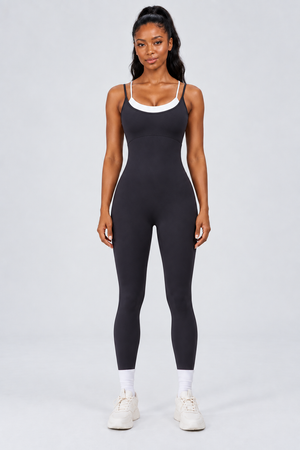 WEARHUB Nylon-Spandex Stretch Full-Length Active Jumpsuit — Black, front view