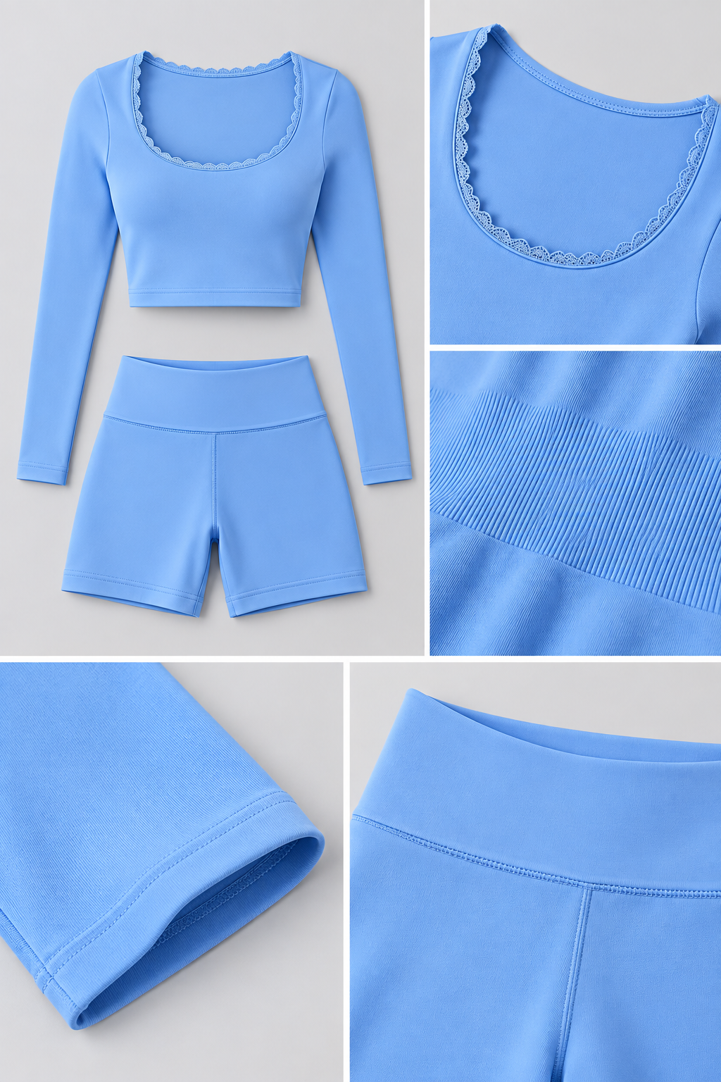 WEARHUB Nylon-Spandex Stretch Long-Sleeve Active Top — Light Blue, fabric and stitching detail