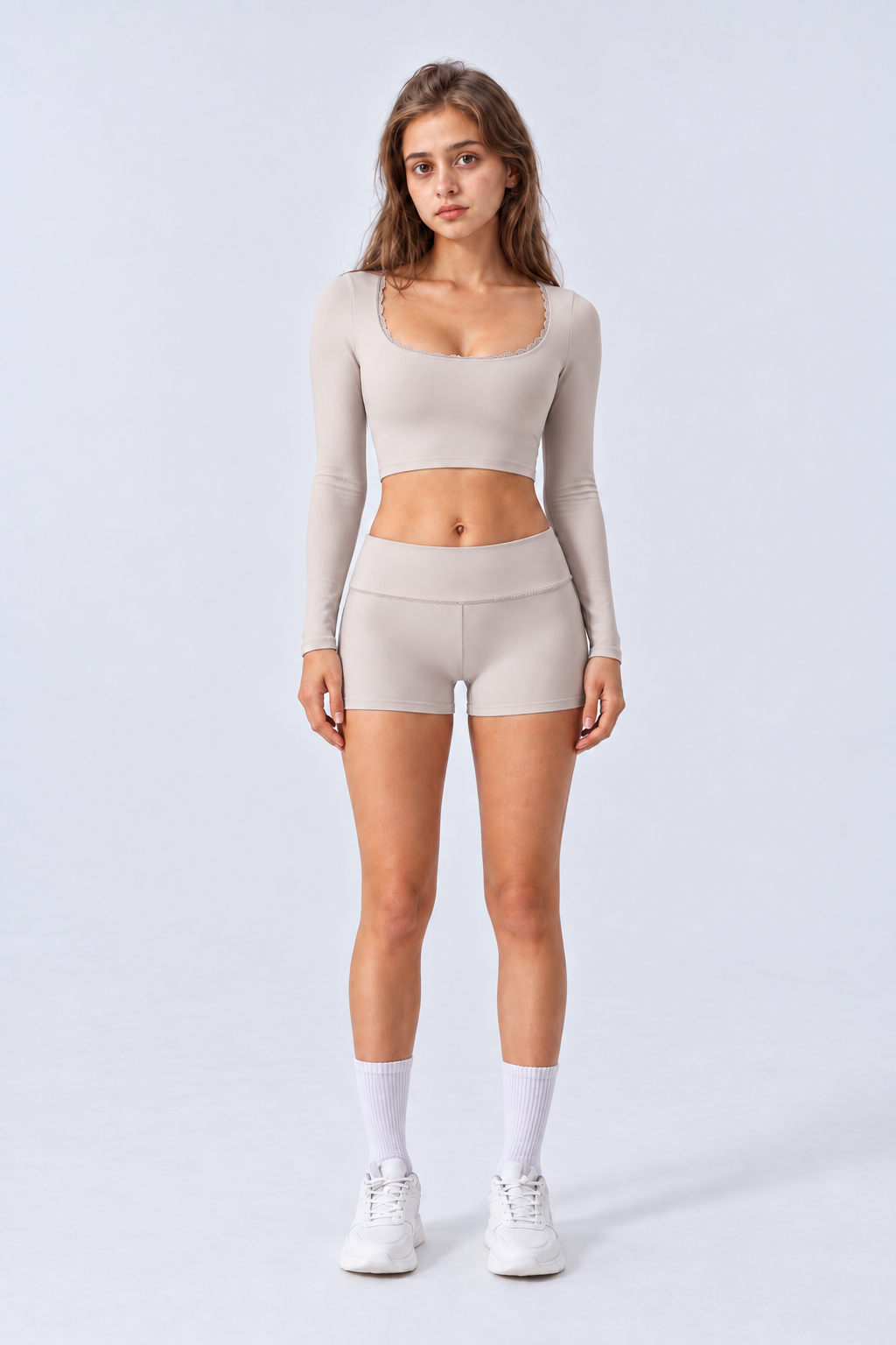 WEARHUB Nylon-Spandex Stretch Long-Sleeve Active Top — Oatmeal, front view