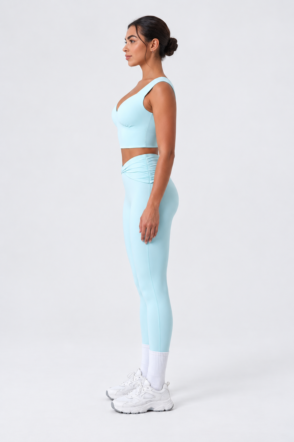 WEARHUB Nylon-Spandex Stretch Fitted Active Leggings — Light Blue, side view