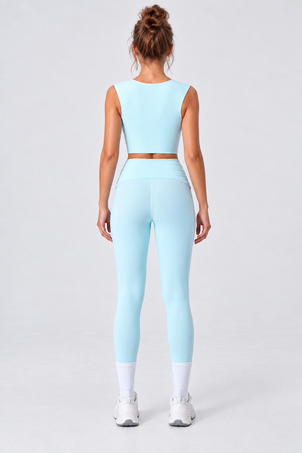 WEARHUB Nylon-Spandex Stretch Fitted Active Leggings — Light Blue, back view