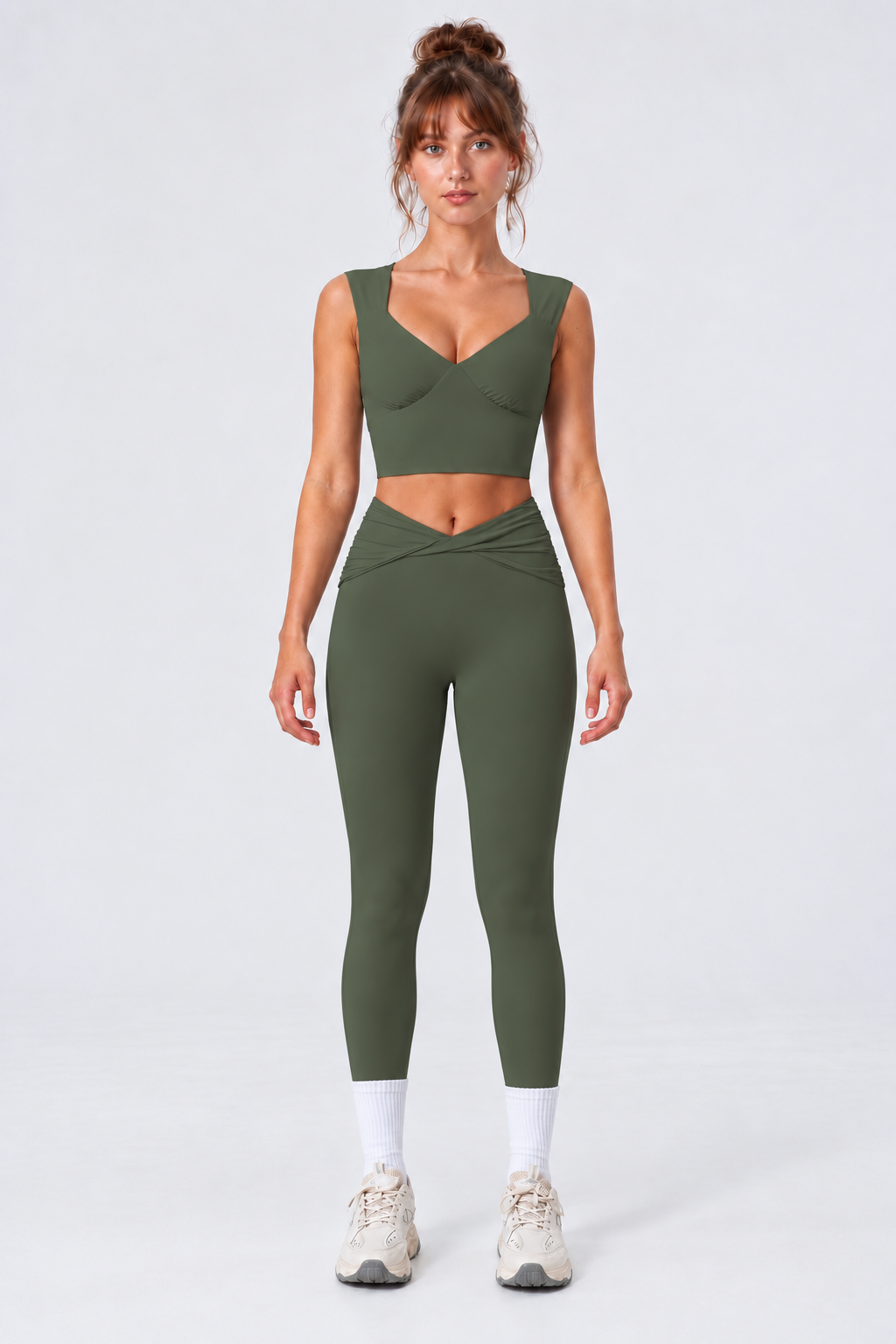 WEARHUB Nylon-Spandex Stretch Fitted Active Leggings — Army Green, front view
