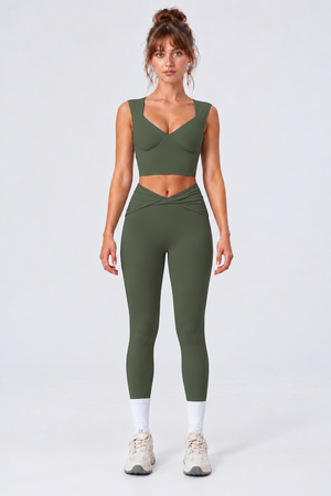 WEARHUB Nylon-Spandex Stretch Fitted Active Leggings — Army Green, front view