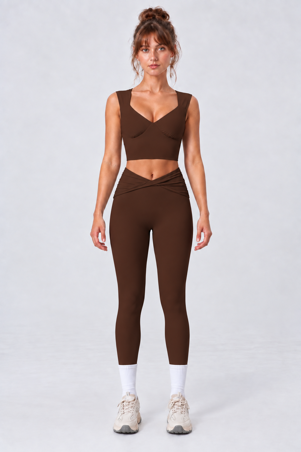 WEARHUB Nylon-Spandex Stretch Fitted Active Leggings — Dark Brown, front view