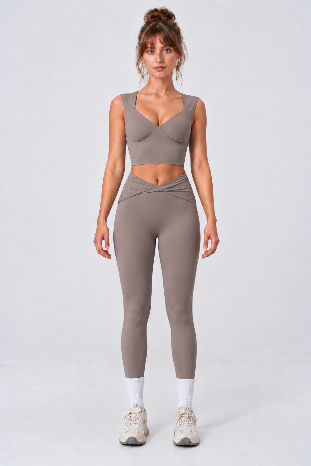 WEARHUB Nylon-Spandex Stretch Fitted Active Leggings — Taupe, front view