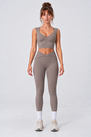 WEARHUB Nylon-Spandex Stretch Fitted Active Leggings — Taupe, front view
