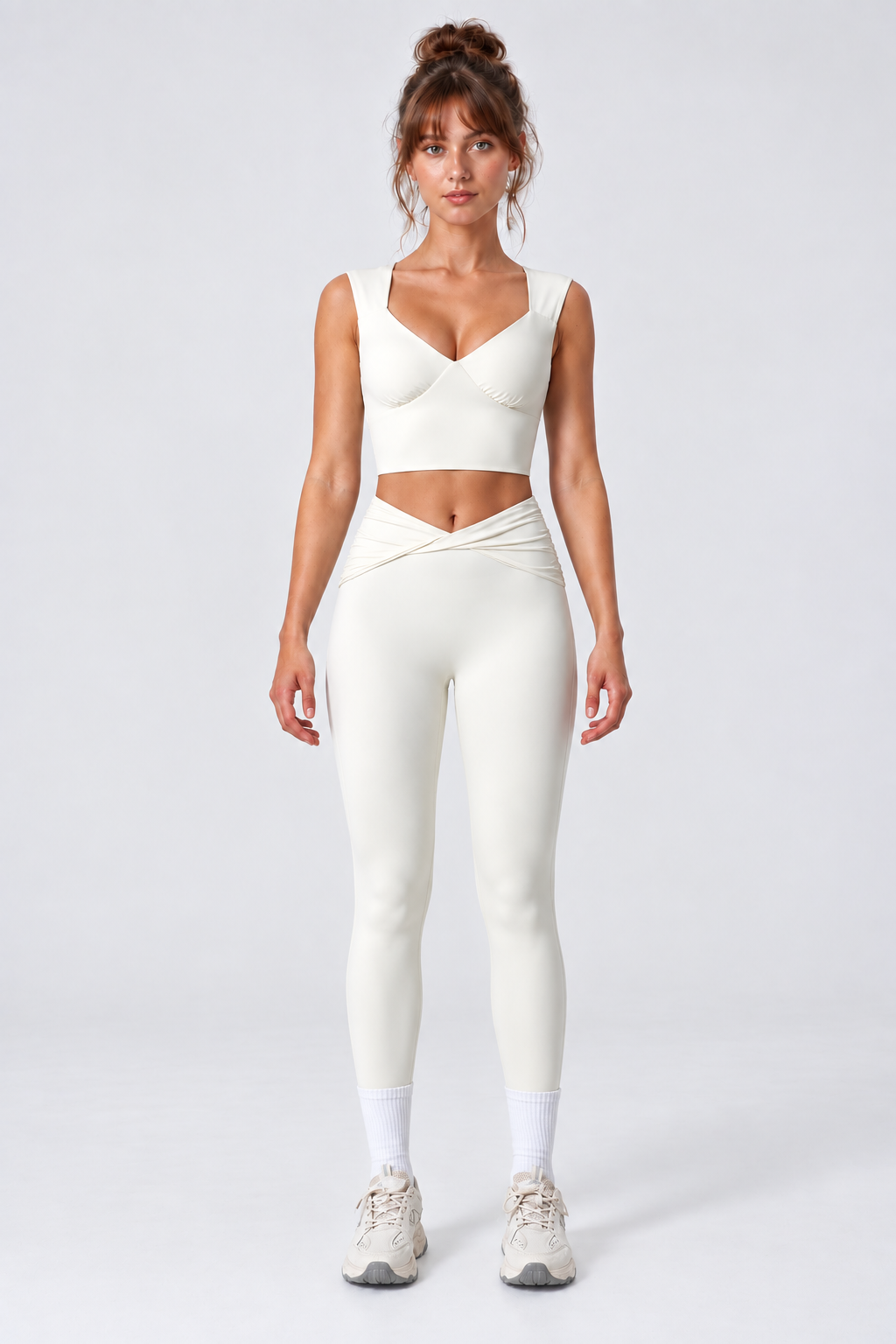 WEARHUB Nylon-Spandex Stretch Fitted Active Leggings — Off-White, front view
