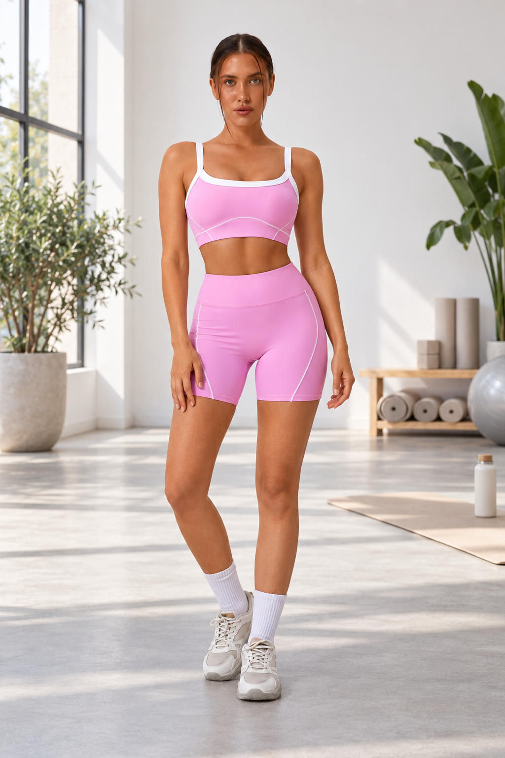 WEARHUB Nylon-Spandex Stretch Sports Bra — Pink, lifestyle view