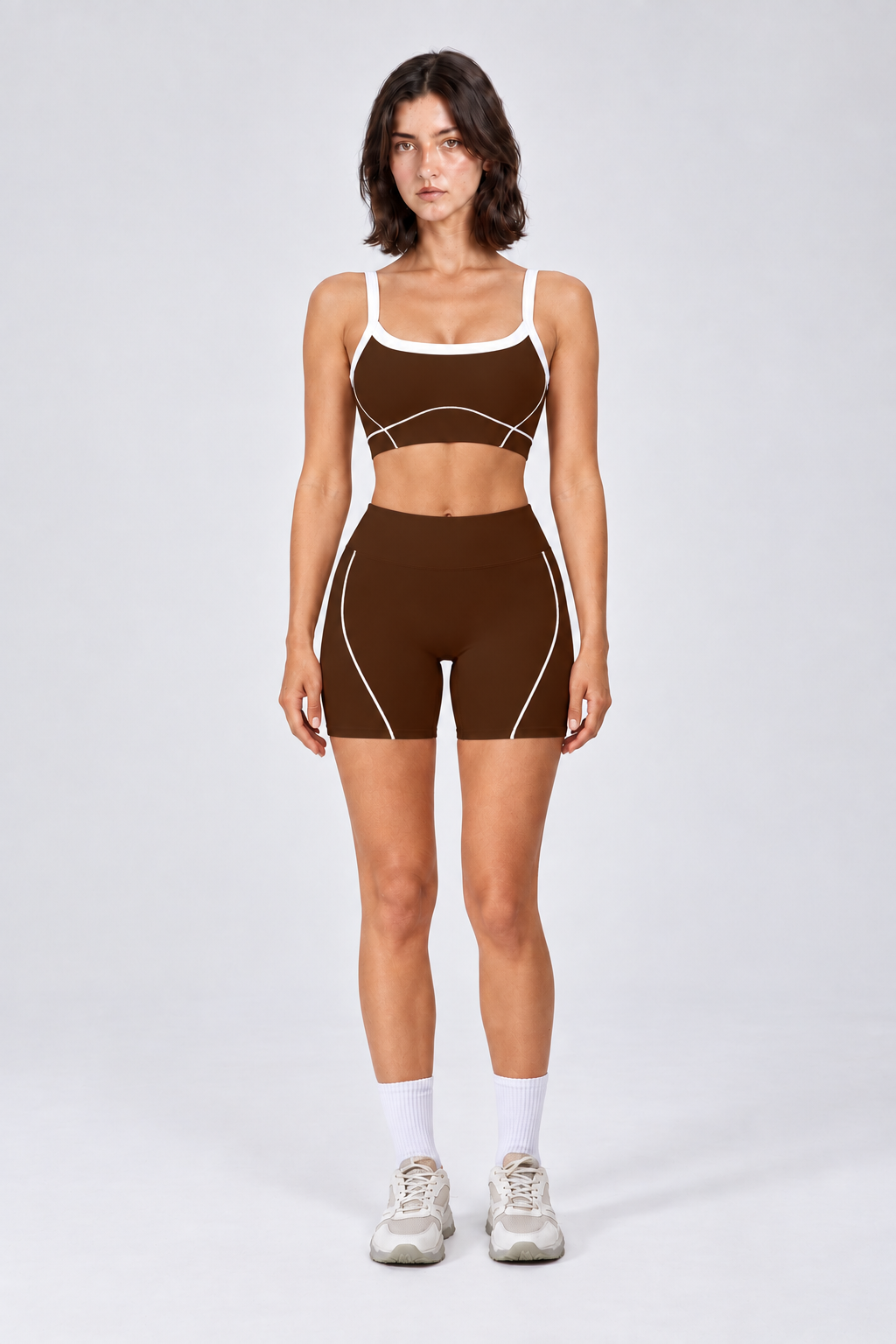 WEARHUB Nylon-Spandex Stretch Sports Bra — Dark Brown, front view
