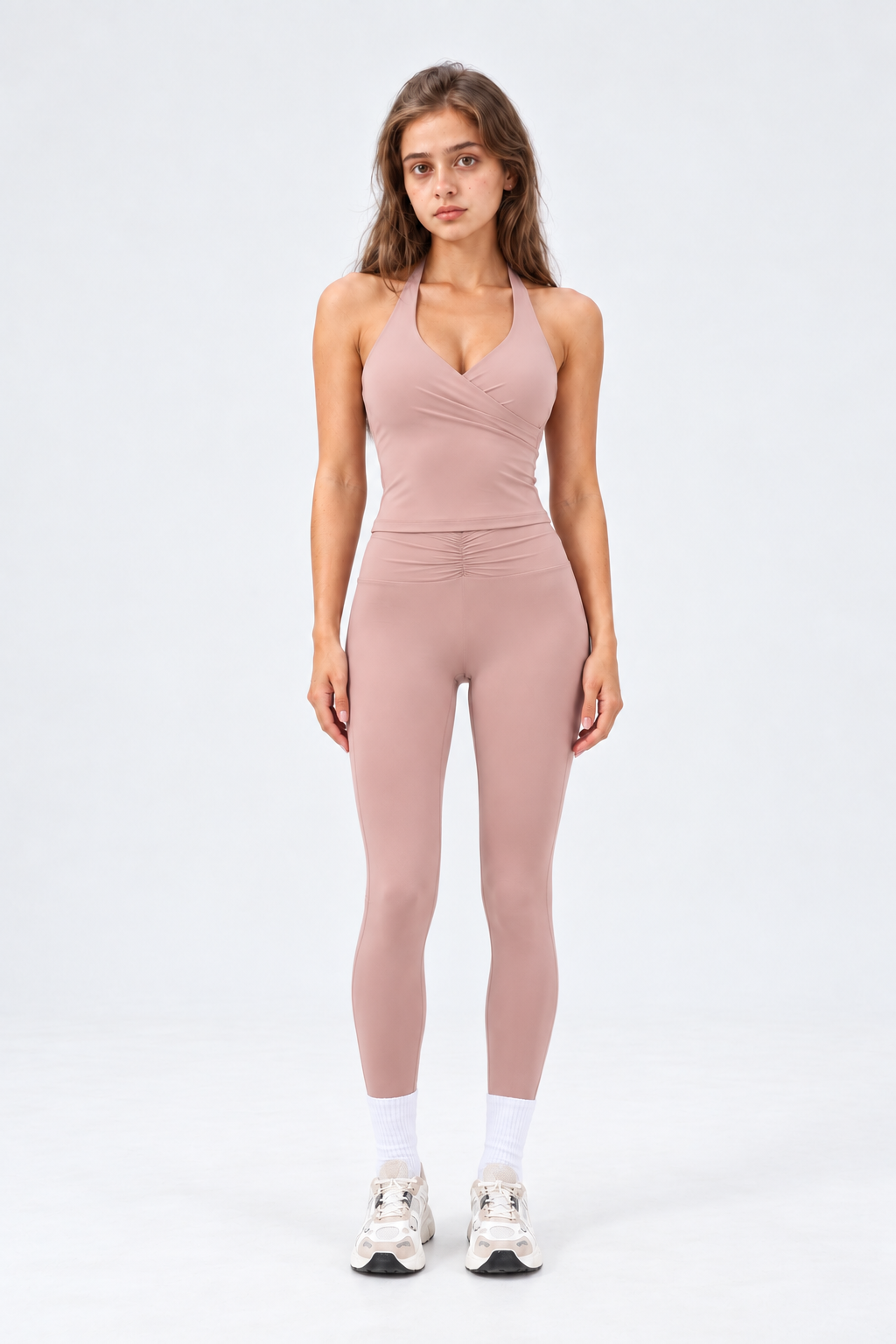 WEARHUB Nylon-Spandex Barely-There Halter Active Tank — Dusty Pink, front view