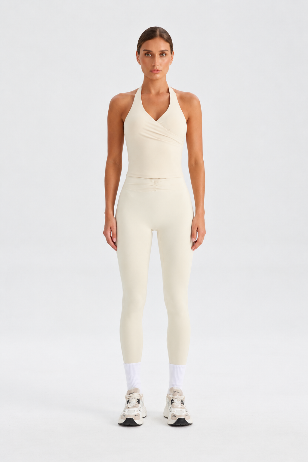 WEARHUB Nylon-Spandex Barely-There Halter Active Tank — Off-White, front view