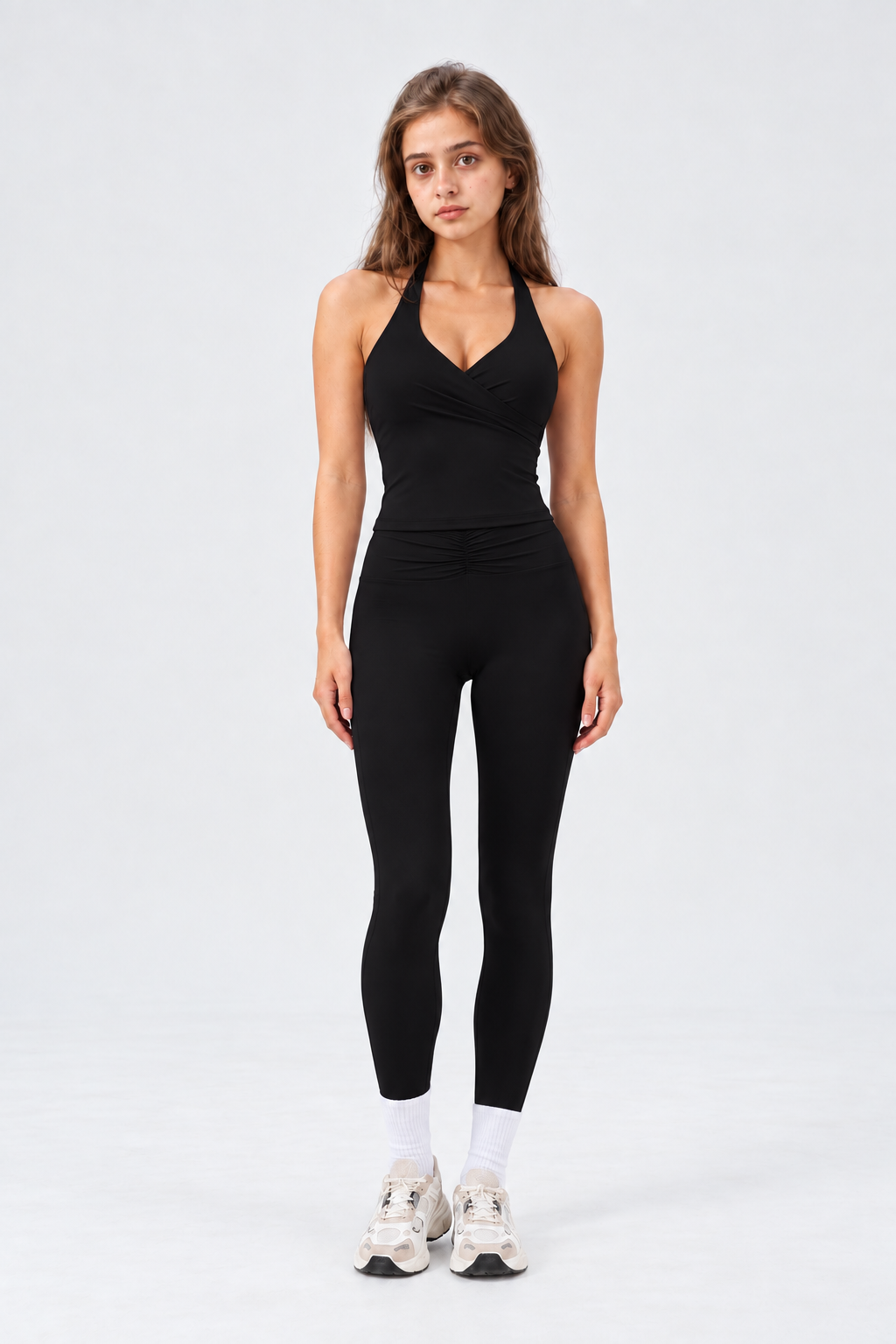 WEARHUB Nylon-Spandex Barely-There Halter Active Tank — Black, front view