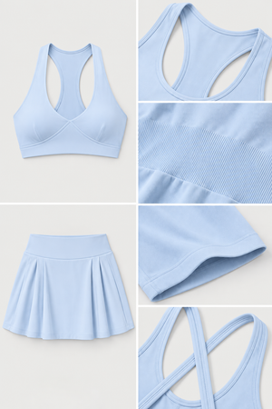WEARHUB Nylon-Spandex Barely-There Deep-V Open-Back Sports Bra — Light Blue, fabric and stitching detail