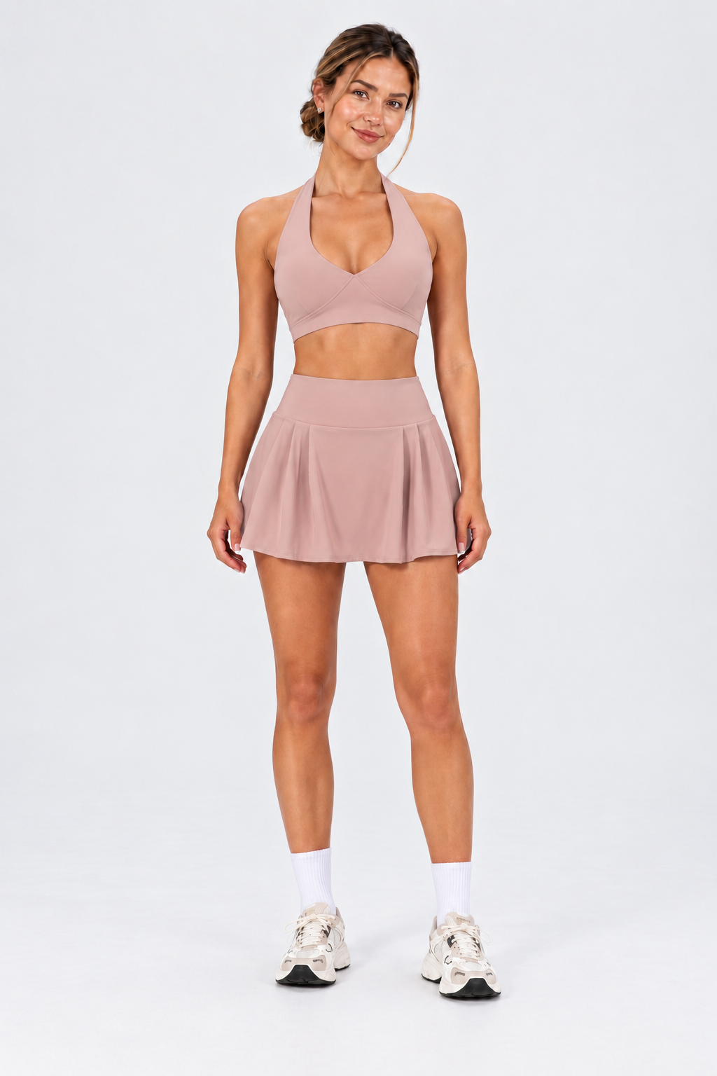 WEARHUB Nylon-Spandex Barely-There Deep-V Open-Back Sports Bra — Dusty Pink, front view