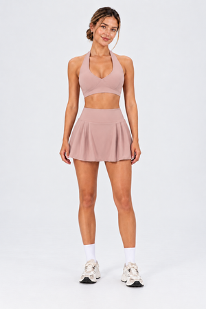 WEARHUB Nylon-Spandex Barely-There Deep-V Open-Back Sports Bra — Dusty Pink, front view