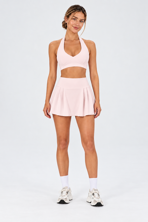 WEARHUB Nylon-Spandex Barely-There Deep-V Open-Back Sports Bra — Pink, front view