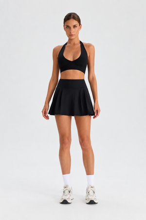WEARHUB Nylon-Spandex Barely-There Deep-V Open-Back Sports Bra — Black, front view