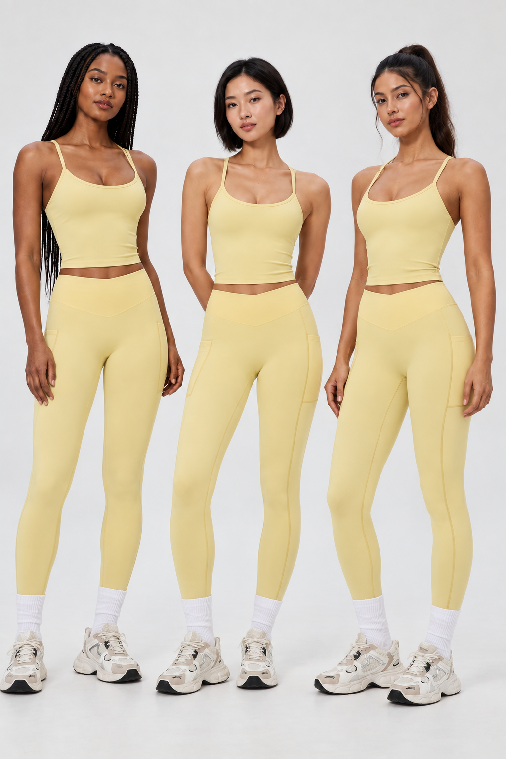 WEARHUB Nylon-Spandex Crisscross Cutout Active Tank — Light Yellow, on multiple models