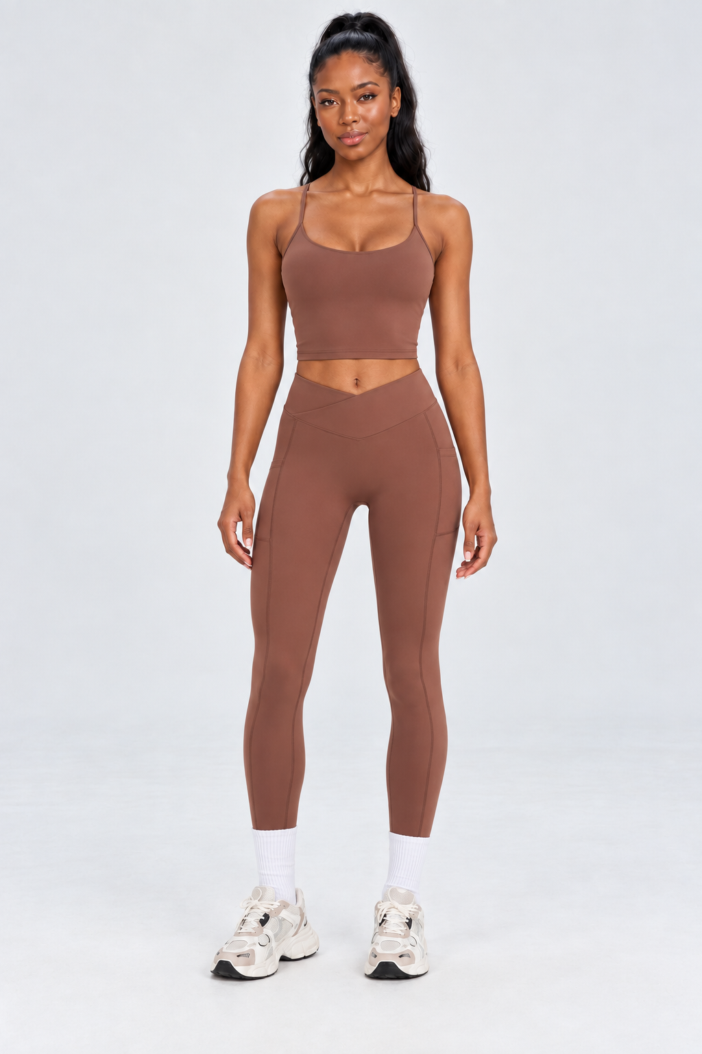 WEARHUB Nylon-Spandex Crisscross Cutout Active Tank — Brown, front view
